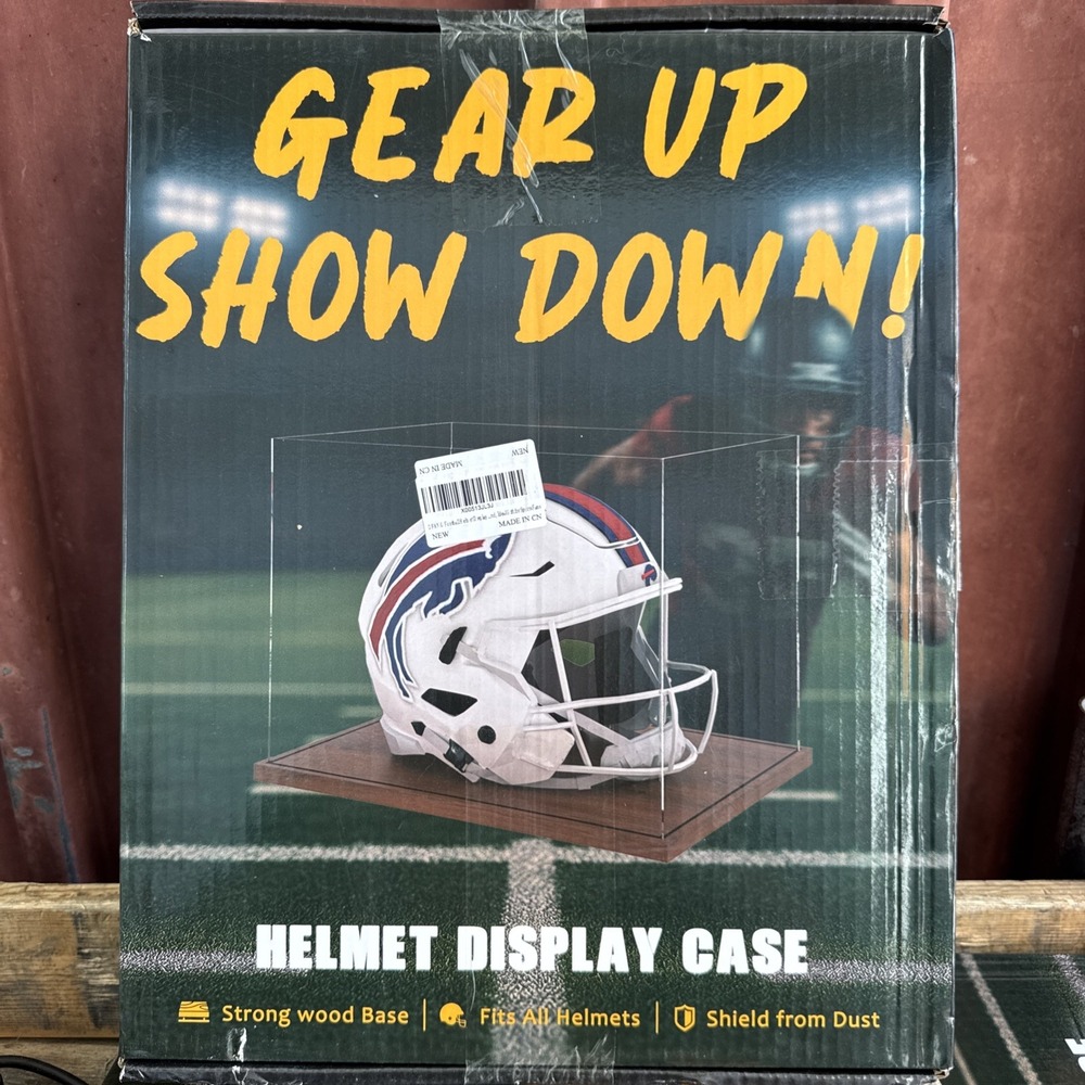 Football Helmet Display Case, Clear Acrylic Box with Solid Wood Base Stand